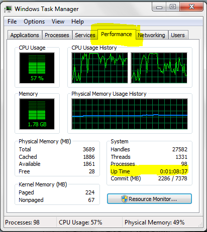 System up-time on windows 7